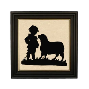 Framed "Boy and Lamb" Paper Silhouette in Solid Wood Antique Black Frame With Gold Accent