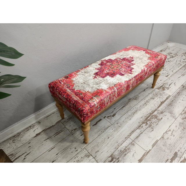 Handmade Upholstered Bench in Red Rug Print Fabric For Sale - Image 11 of 13
