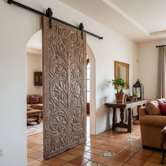1920s Vintage Carved Tree of Life Wood Door Panel – Reclaimed Barn Door Wall Art, Rustic Bohemian Decor 84x36 For Sale - Image 5 of 5