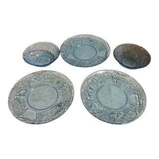 Small Collection of Blue Glass Plates and Bowls- Set of 5 For Sale