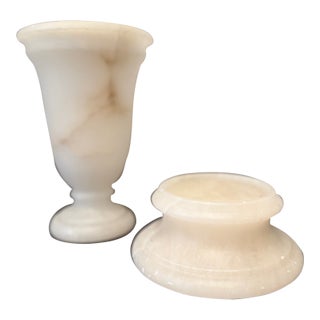 Carved Alabaster Urn Form With Pedestal Base – 9” Tall – Italian For Sale