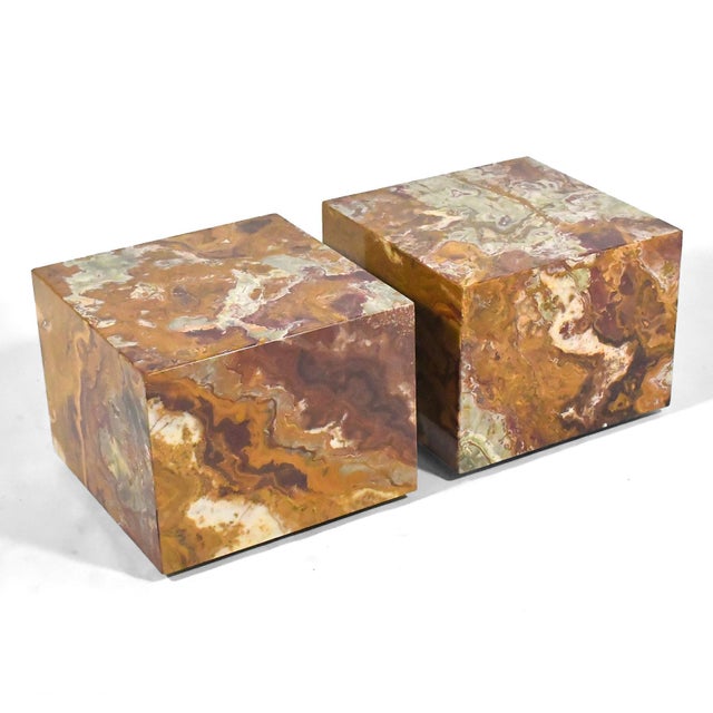 This stunning pair of cube tables by Pace Collection are made of rich red onyx. Their scale allows them to serve as end...