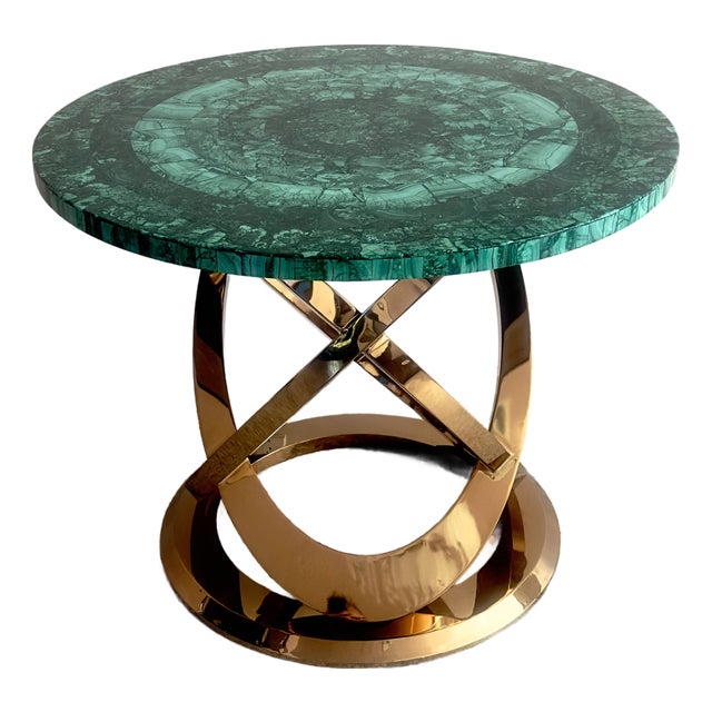 Stunning Tessellated Malachite Round Dining Table With Brass Base, Made in Italy For Sale