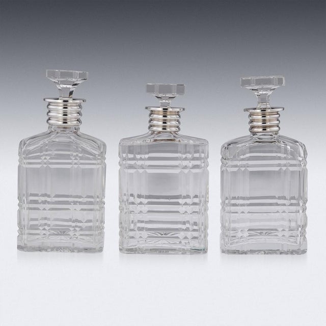 20th Century English Art Deco Solid Silver & Cut Glass Decanters, 1910s, Set of 3 For Sale - Image 4 of 18
