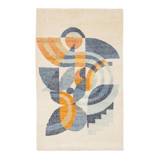 Geometric Abstract Art Deco Inspired 5x8 Wool Area Rug in Soft Cream For Sale