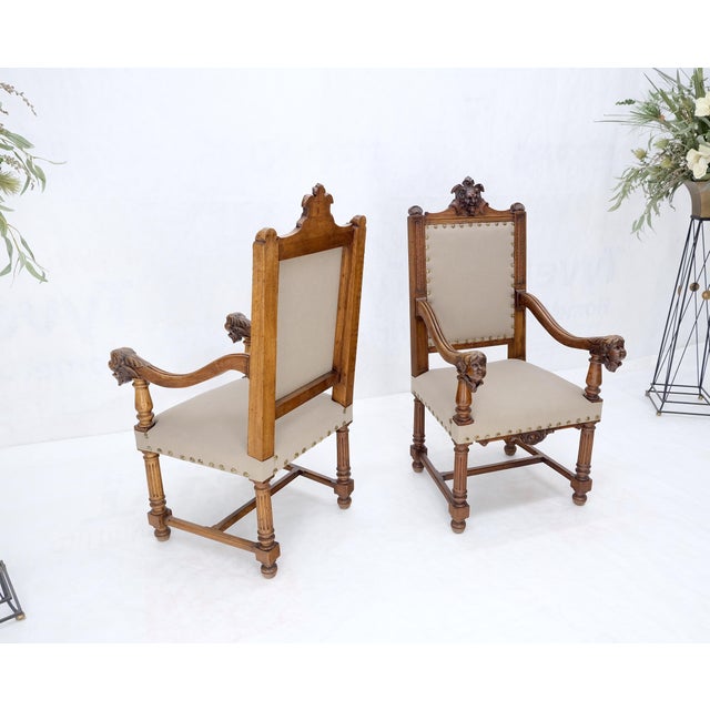 Pair Antique Heavily Carved Walnut Cherub North Wind Faces Arm Chairs New Uphols For Sale - Image 9 of 18