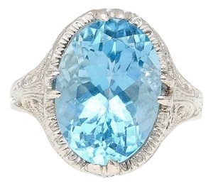 6.22 Carat Oval Aquamarine in Engraved 14k White Gold Edwardian Filigree Ring, Size 7