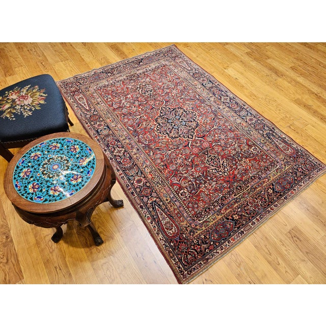 Red Early 20th Century Kashan Rug, Hand-Knotted Wool & Cotton, Floral Design, Red & Navy, 5x7 For Sale - Image 8 of 16