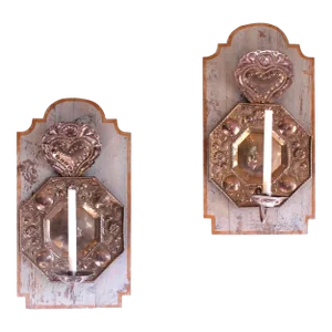 Dutch Repoussée Brass and Copper Candle Sconces Mounted on Painted Backboards - A Pair