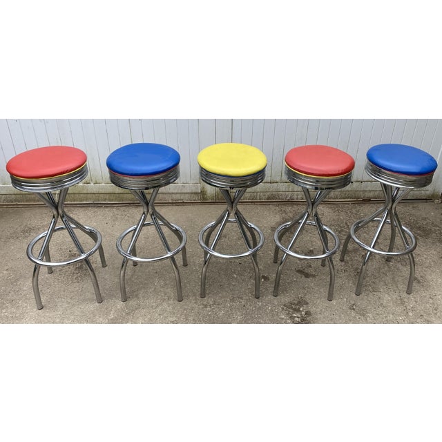 Vintage Blue, Red, Orange, and Yellow Swivel Bar Stools, 1990s, Set of 5 For Sale - Image 9 of 18