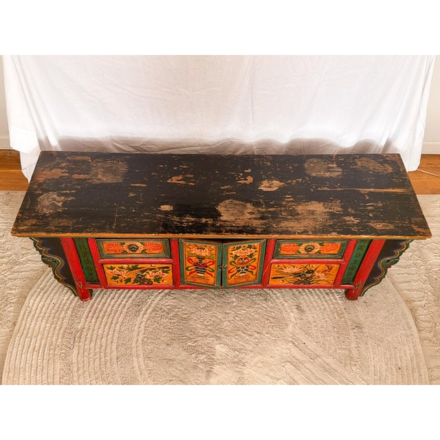 Antique Mongolian Hand-Painted Kang Cabinet / Low Media Console For Sale - Image 13 of 17