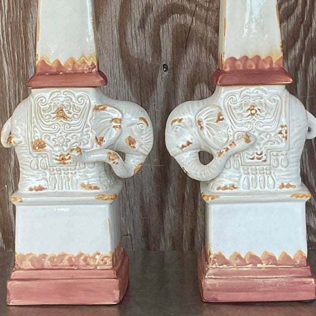 Vintage Boho Glazed Terra Cotta Elephant Obelisks - a Pair For Sale - Image 11 of 14