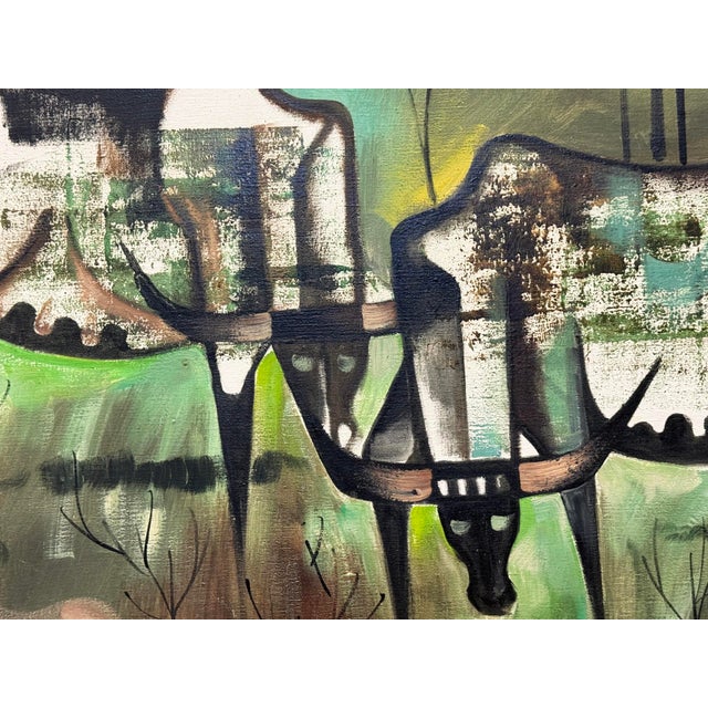 1970s 1970s Abstract Expressionist Oil Painting of 2 Steers on Canvas, Newly Framed For Sale - Image 5 of 10