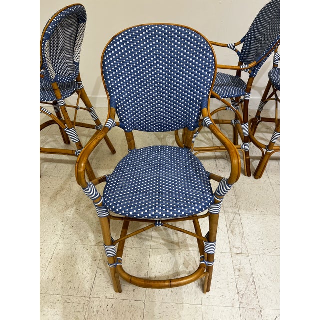 Royal Blue Frontgate French Bistro Natural Cane Rattan Bar Kitchen Stool Set of 4 Attributed Maison Gatti For Sale - Image 8 of 10