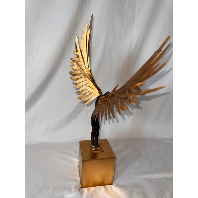 Modern Gilded Winged Male Figure Sculpture on Gold Cube Base – 21” Tall For Sale - Image 11 of 11