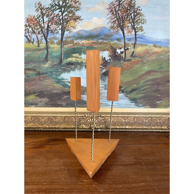 Mid-Century Modern Mid-Century Modern Possibly Teak and Twisted Metal Triple Candle Holder With Geometric Base For Sale - Image 3 of 10