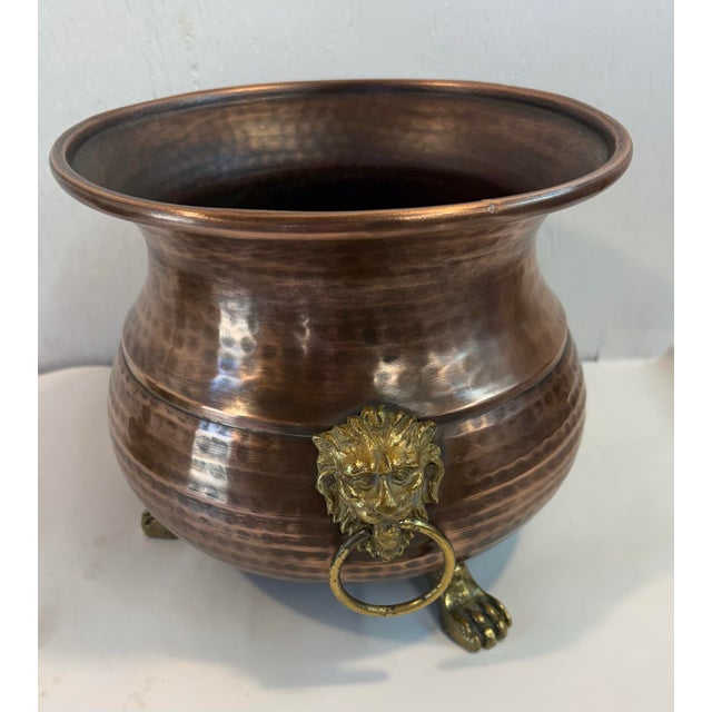 Vintage Hammered Copper Planter With Lion Masks For Sale - Image 4 of 8