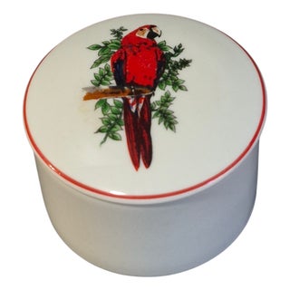 Vintage Fine Porcelain Leart Brazil Tropical Birds Red Macaw Parrot Trinket Box For Sale