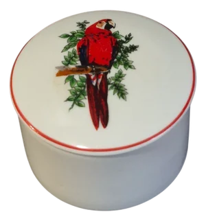 Vintage Fine Porcelain Leart Brazil Tropical Birds Red Macaw Parrot Trinket Box