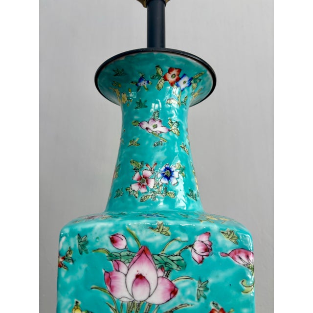 1950s Chinese Turquoise Glazed Porcelain Vase Lamp With Hand-Painted Floral Design For Sale - Image 4 of 7
