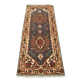 Heriz Runner 2’6” X 6’1” Blue Wool Tribal Hand-Knotted Oriental Rug For Sale