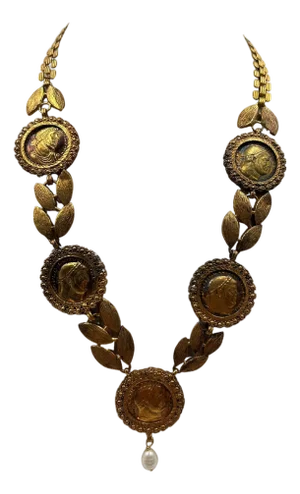 Gold-toned Brass Coin, Laurel Leaves & Pearl Statement Necklace