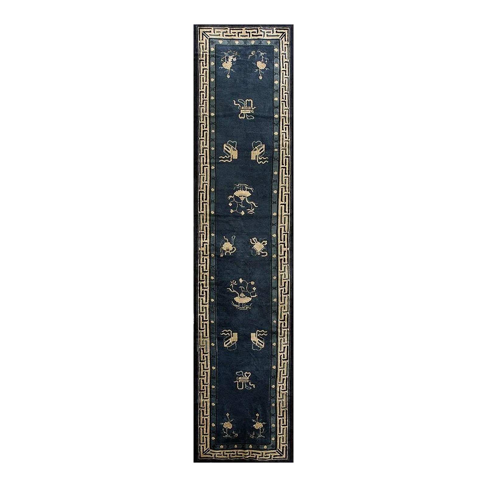 1900s Navy Classic Greek Key Antique Chinese Peking Hallway Runner Rug ...