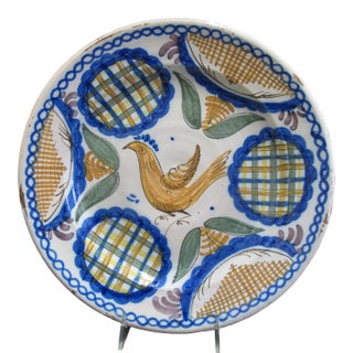 French Faience Majolica Pottery Bird 12 1/2" Serving Plate or Shallow Bowl For Sale