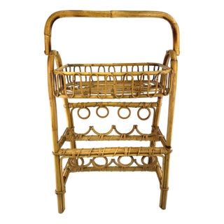 Vintage Mid Century Bamboo Rattan Bar Cart Rack Stand With Handles For Sale