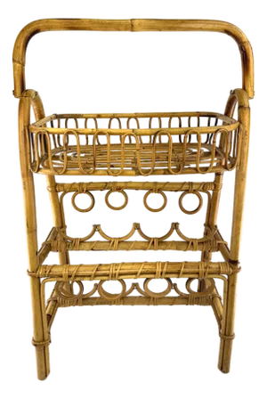 Vintage Mid Century Bamboo Rattan Bar Cart Rack Stand With Handles