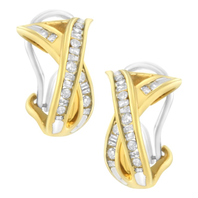 14K Yellow and White Gold 1/2 TDW "X" Shape Cross Over Diamond Hoop Earrings (I-J, I2-I3) For Sale