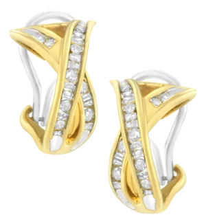 14K Yellow and White Gold 1/2 TDW "X" Shape Cross Over Diamond Hoop Earrings (I-J, I2-I3)