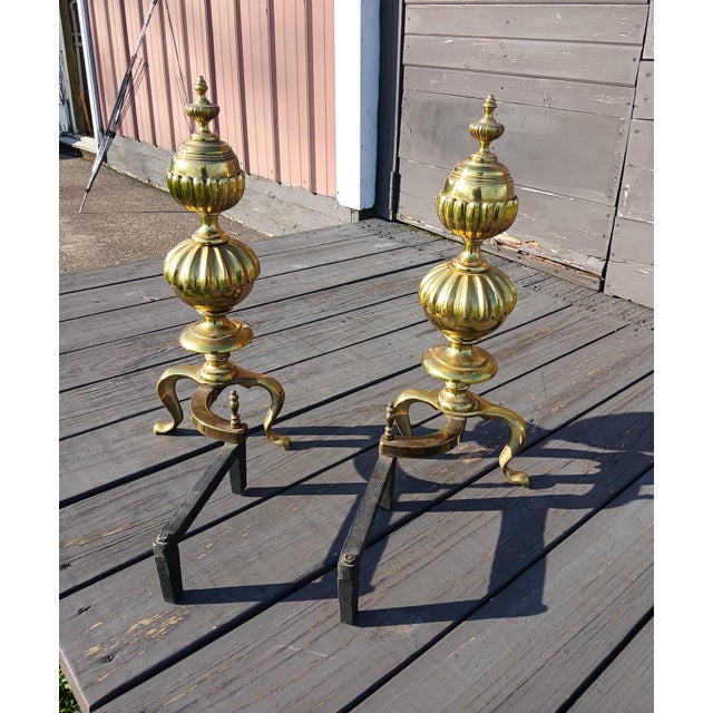 Vintage Ornate Cast Brass Fireplace Andirons 1950s For Sale - Image 10 of 18