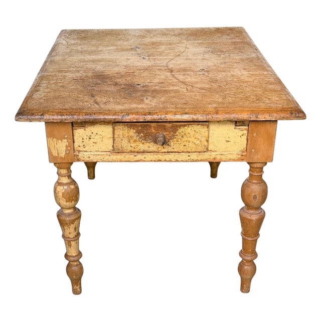 19th-Century American Pine Farm Table Original Surface, One Drawer For Sale