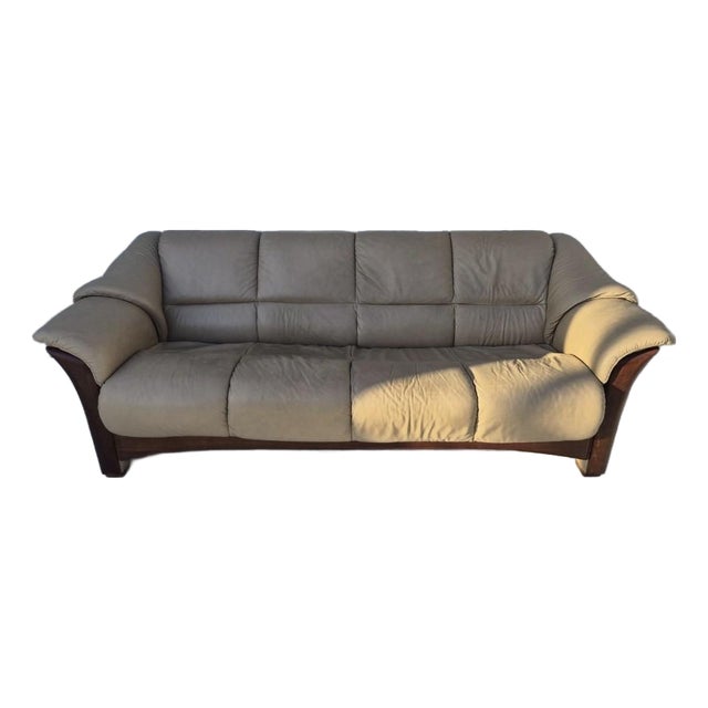 1990s Ekornes Oslo Beige Wood Trim Sofa For Sale