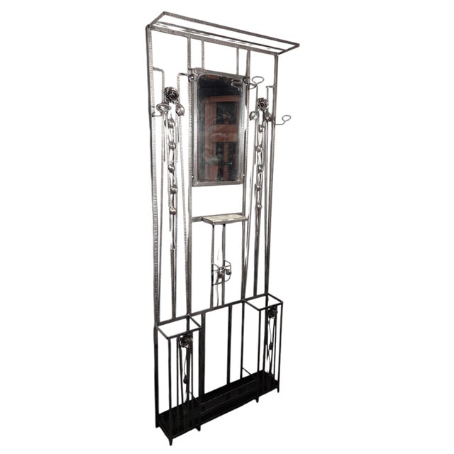 1920s Original French Art Deco Hammered Iron Halltree, Coat Rack W/ Mirror, Shelf, Rose Trellis For Sale - Image 4 of 18