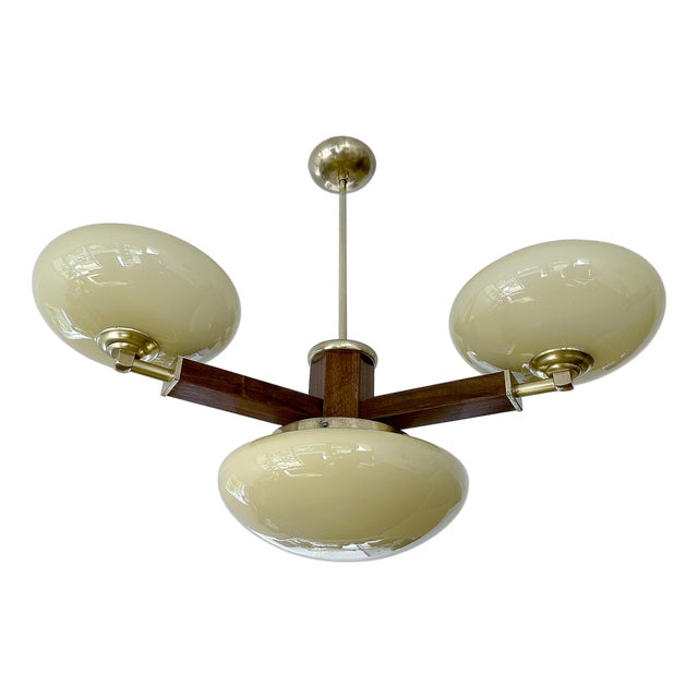 Art Deco Pendant Light in Wood & Glass, 1930s For Sale