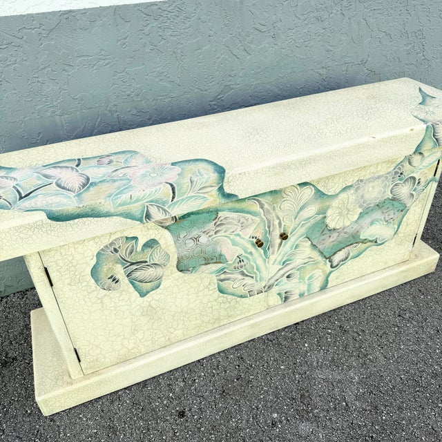 1980s Vintage Hand Painted Crackle Finished Cream Teal and Pink Credenza For Sale - Image 5 of 12