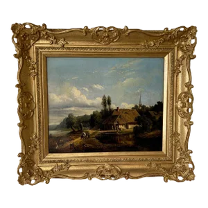 Arthur James Stark Thatched Cottage Landscape Painting, Framed