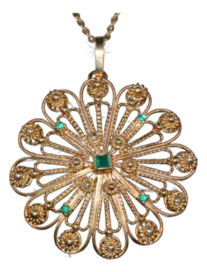 Estate Etruscan Cannetille 0.30cts Natural Emerald 18k Solid Gold Pendant Necklace