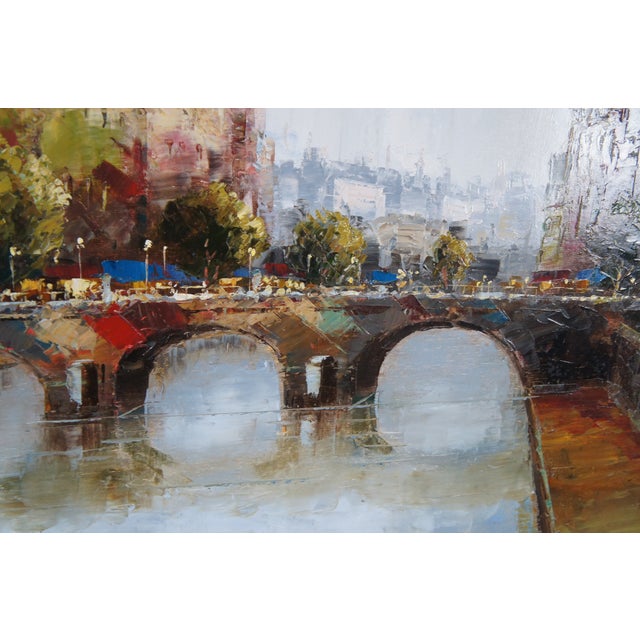 Wood 20th Century C. Giliano Italian Parisian River Cityscape Oil Painting Framed 59" For Sale - Image 7 of 13