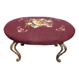 Footstool - Vintage Victorian Style Burgundy Oval Floral Needlepoint Footstool For Sale