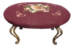 Footstool - Vintage Victorian Style Burgundy Oval Floral Needlepoint Footstool