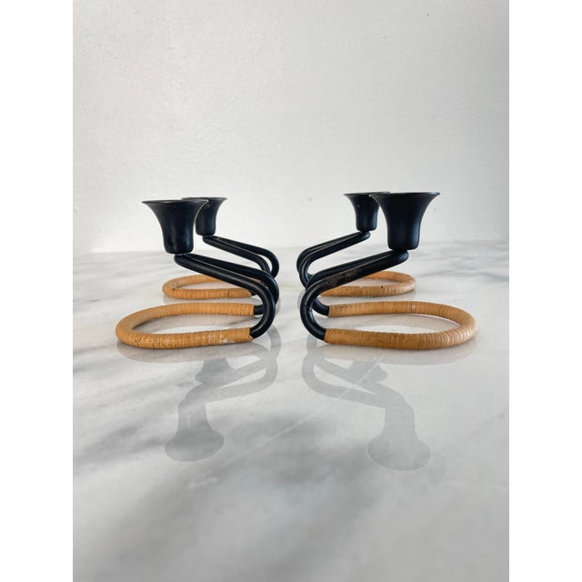Walter Bosse Mid 20th Century Walter Bosse Blacked Steel & Woven Natural Raffia Fiber Candlesticks, Unmarked - Set of 4 For Sale - Image 4 of 9