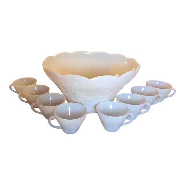 Late 20th Century Anchor Hocking Mid Century Milk Glass Grape Design Punch Bowl - 16 Pieces For Sale