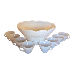 Late 20th Century Anchor Hocking Mid Century Milk Glass Grape Design Punch Bowl - 16 Pieces