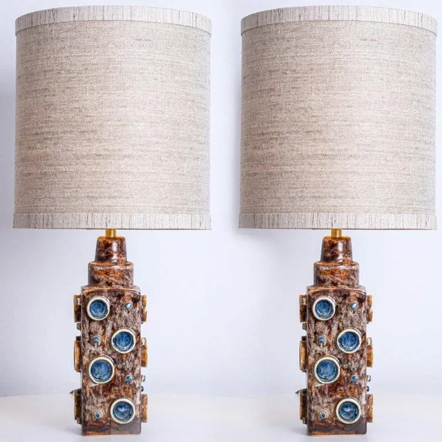 Blue and Brown Lamps from Soholm with Silk Lampshades by René Houben, 1960s, Set of 2 For Sale - Image 10 of 16