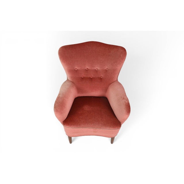Mid-Century Modern 1930s Danish Lounge Chair in Original Rose Velour For Sale - Image 3 of 3