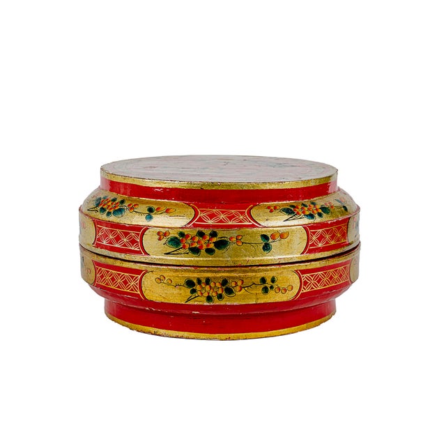 Vintage Chinese Round Lacquered Wedding Box Featuring Dragon & Phoenix With Floral Motif. Also known as a betrothal box....
