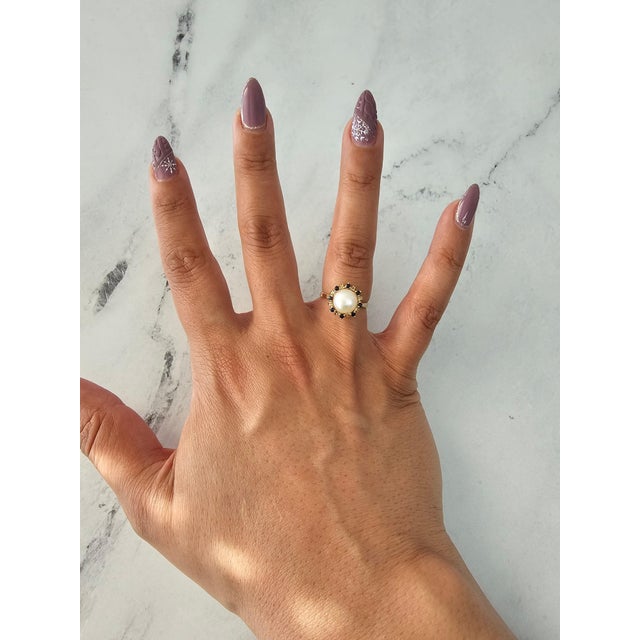 ♥ Ring Summary ♥ Main Stone: Pearl & Sapphire Pearl Size: 8MM Stone Cut: Round Dimensions: 13mm x 13mm Band Material: 14k...